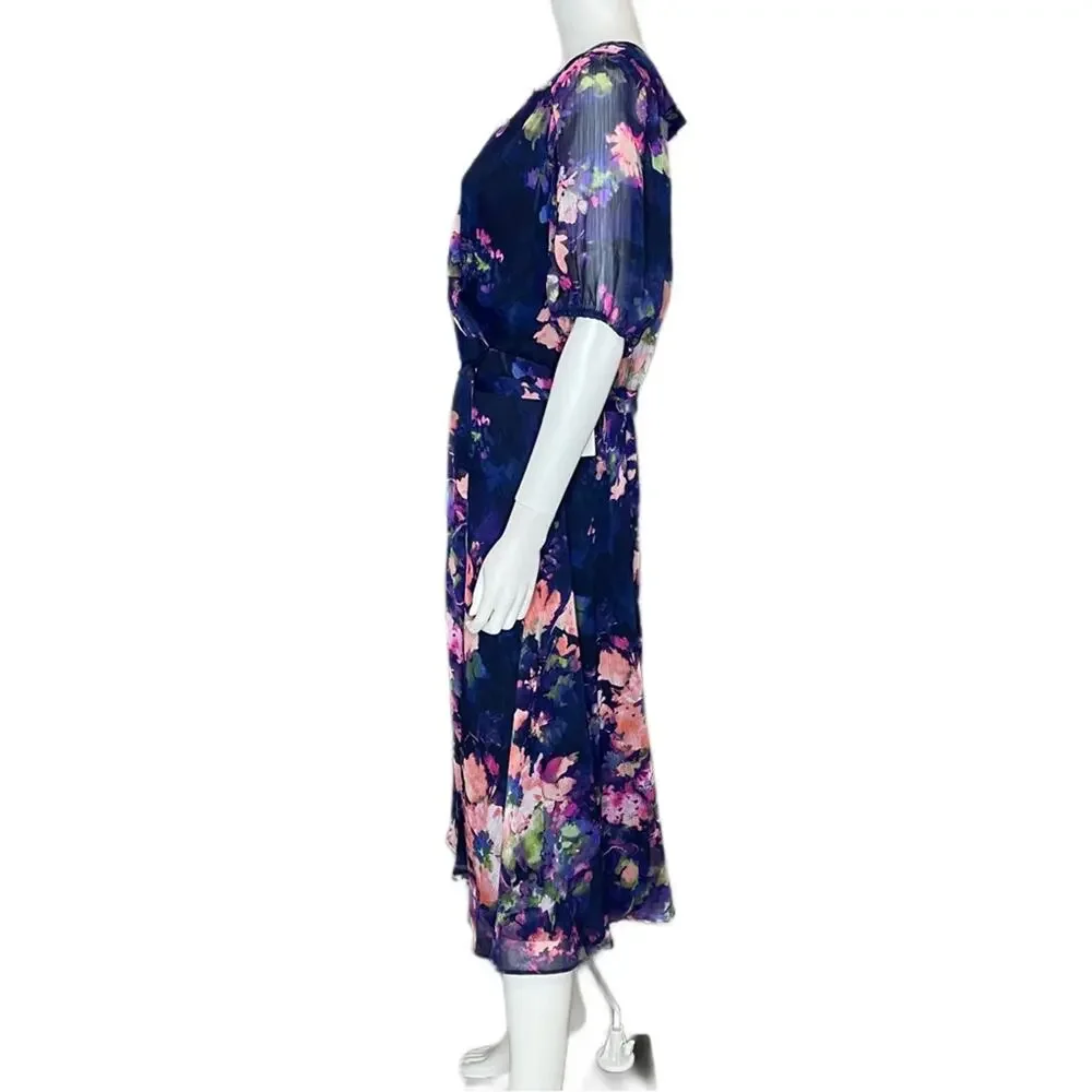 DKNY Short Sleeve V Neck Tie Waist Floral Chiffon Fit And Flare Dress Sz 16 - Picture 3 of 7
